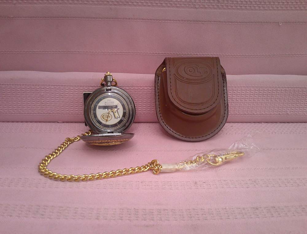 NIB Working Franklin Mint Colt 1911 .45 24-karat gold accent pocket watch!-img-0