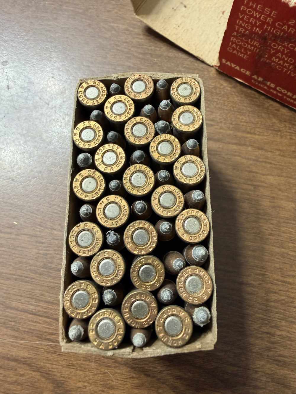 Vintage Savage Indian Head 22 Hornet Ammo Box & Cartridges -img-8