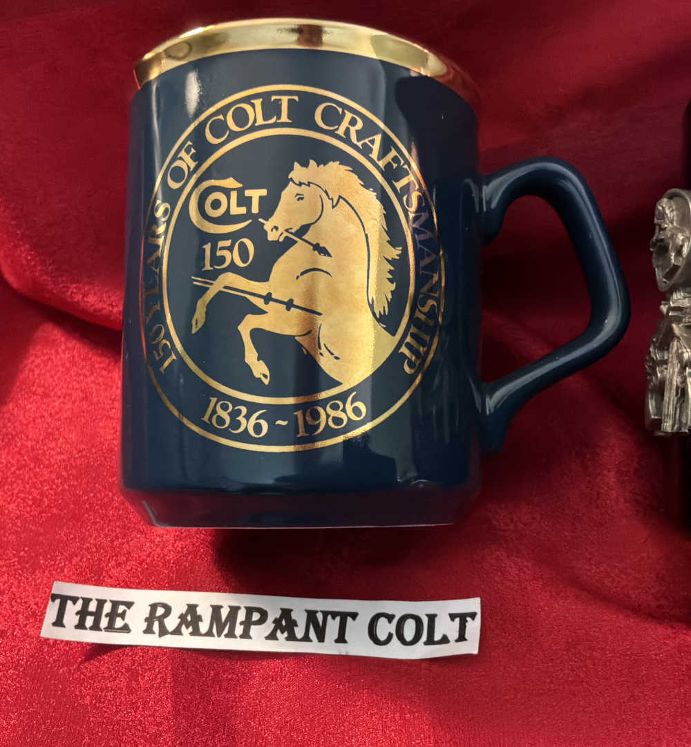 Two Colt Coffee Mugs, Pewter Wrap 1998 Rodeo Mug 150th 1986 Blue Gold Plate-img-2