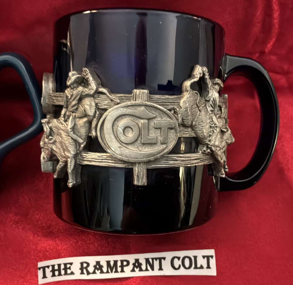 Two Colt Coffee Mugs, Pewter Wrap 1998 Rodeo Mug 150th 1986 Blue Gold Plate-img-1