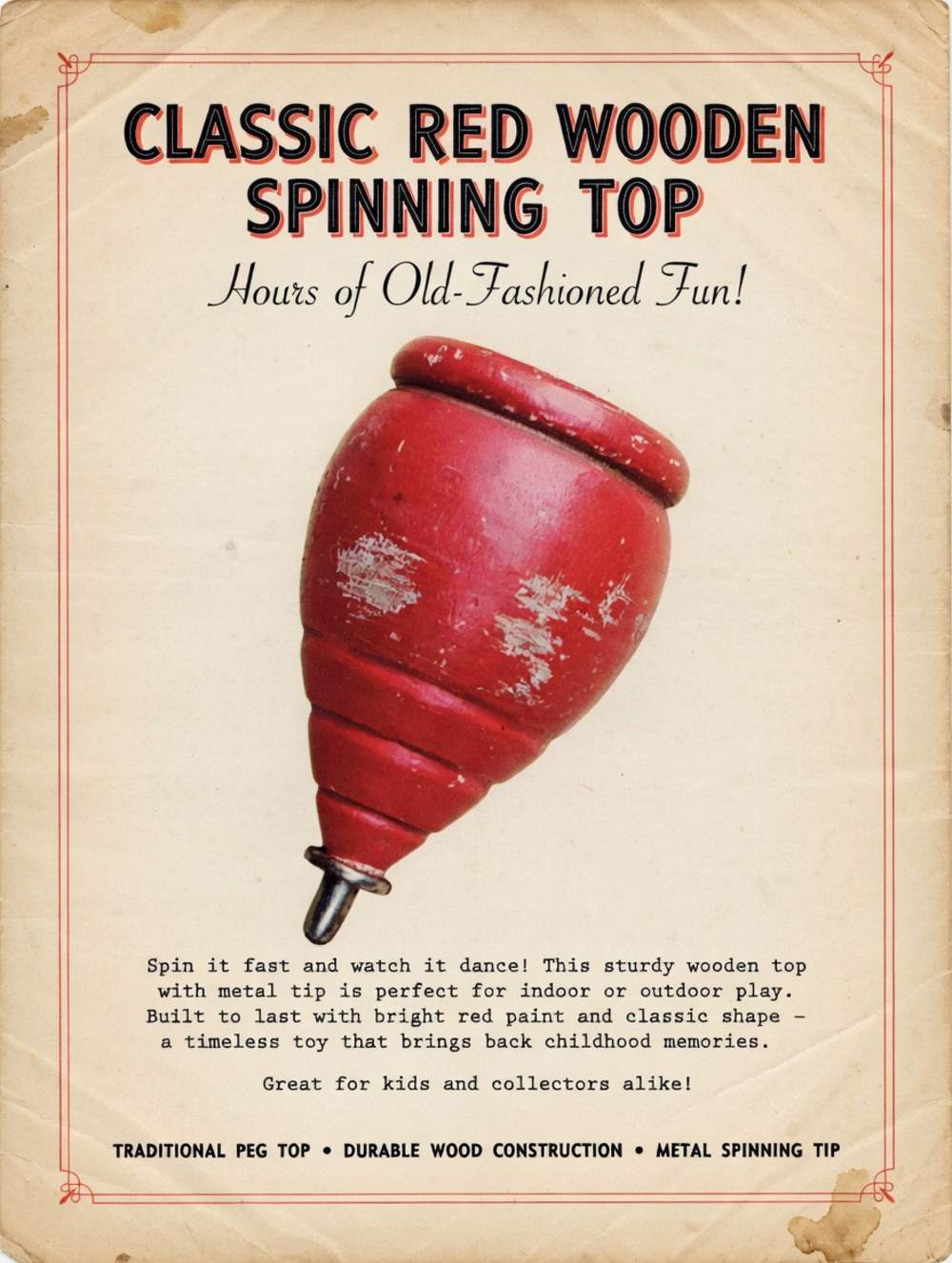 CLASSIC RED OLD FASHION PRIMITIVE WOODEN SPINNING PEG TOP TOY-img-5