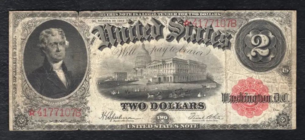WW1 WWI 1917 US $2 Bill Note Money Currency w/ Thomas Jefferson-img-0