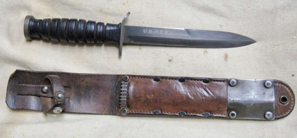 Original Early WWII M3 PAL Blade Marked Fighting Knife W/ Leather Scabbard-img-0