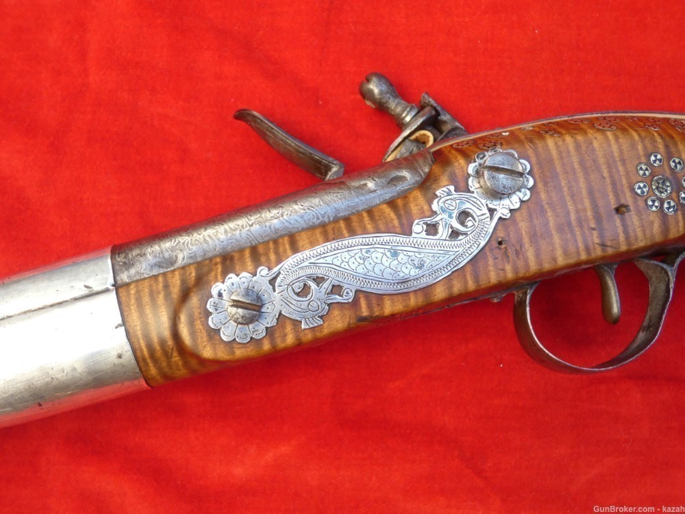 FINEST ANTIQUE PERSIAN FLINTLOCK PISTOL DAMASCUS BARREL Middle Eastern -img-6