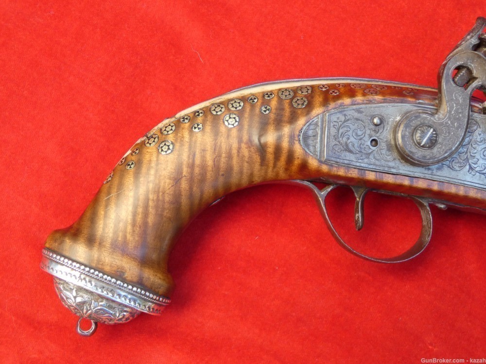 FINEST ANTIQUE PERSIAN FLINTLOCK PISTOL DAMASCUS BARREL Middle Eastern -img-20