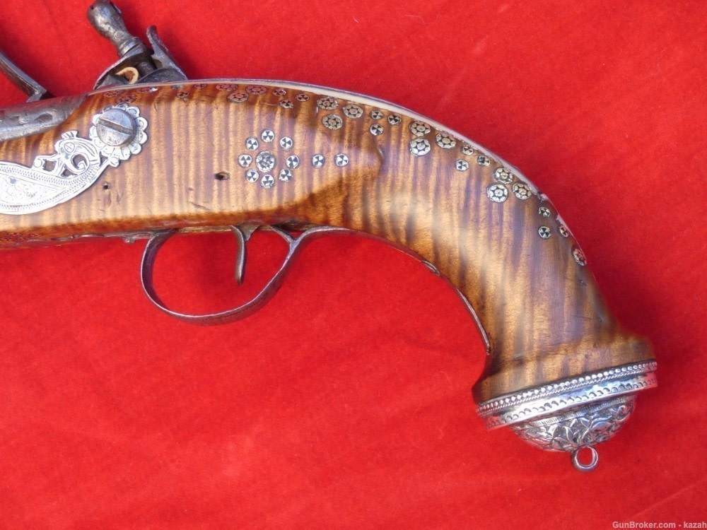 FINEST ANTIQUE PERSIAN FLINTLOCK PISTOL DAMASCUS BARREL Middle Eastern -img-2