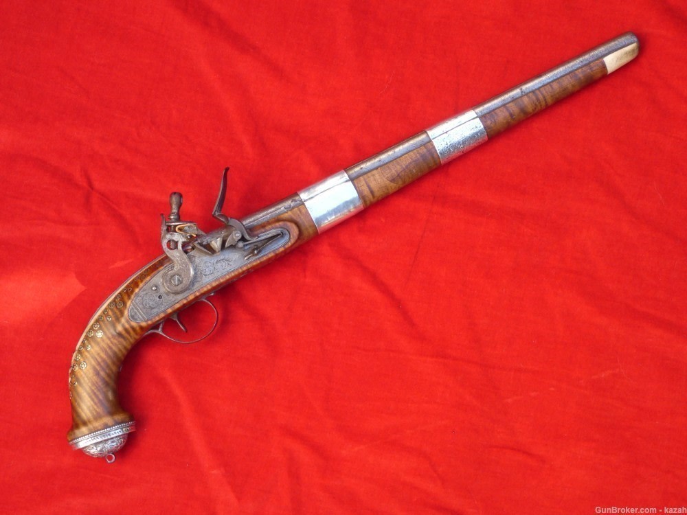 FINEST ANTIQUE PERSIAN FLINTLOCK PISTOL DAMASCUS BARREL Middle Eastern -img-0