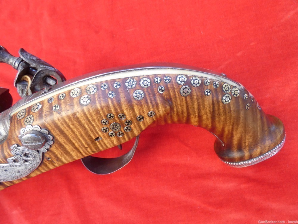 FINEST ANTIQUE PERSIAN FLINTLOCK PISTOL DAMASCUS BARREL Middle Eastern -img-4