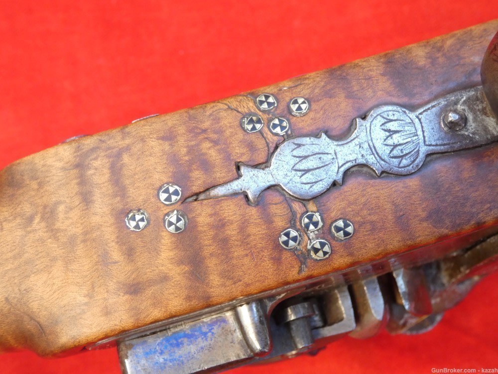 FINEST ANTIQUE PERSIAN FLINTLOCK PISTOL DAMASCUS BARREL Middle Eastern -img-26