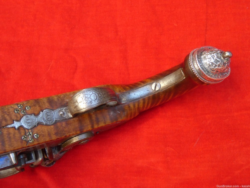 FINEST ANTIQUE PERSIAN FLINTLOCK PISTOL DAMASCUS BARREL Middle Eastern -img-21