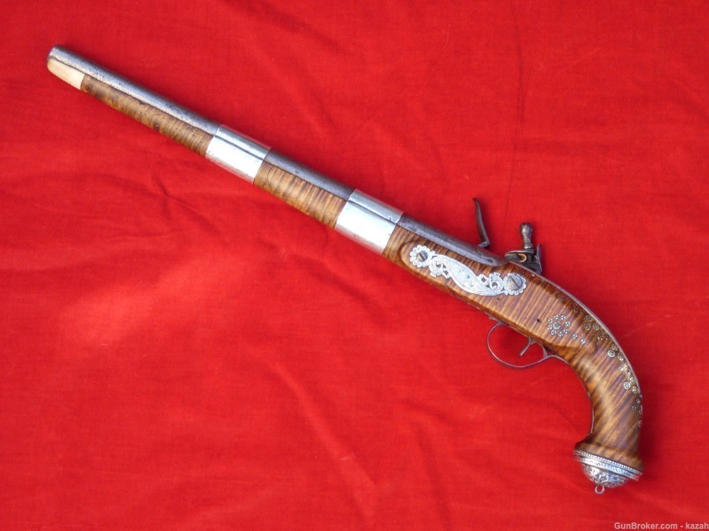 FINEST ANTIQUE PERSIAN FLINTLOCK PISTOL DAMASCUS BARREL Middle Eastern -img-1