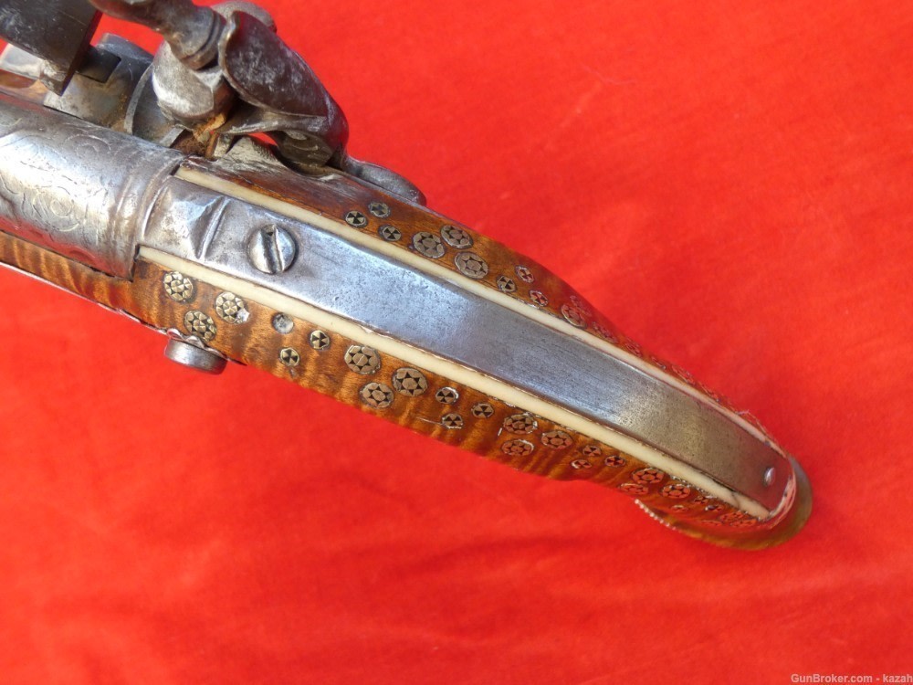 FINEST ANTIQUE PERSIAN FLINTLOCK PISTOL DAMASCUS BARREL Middle Eastern -img-5