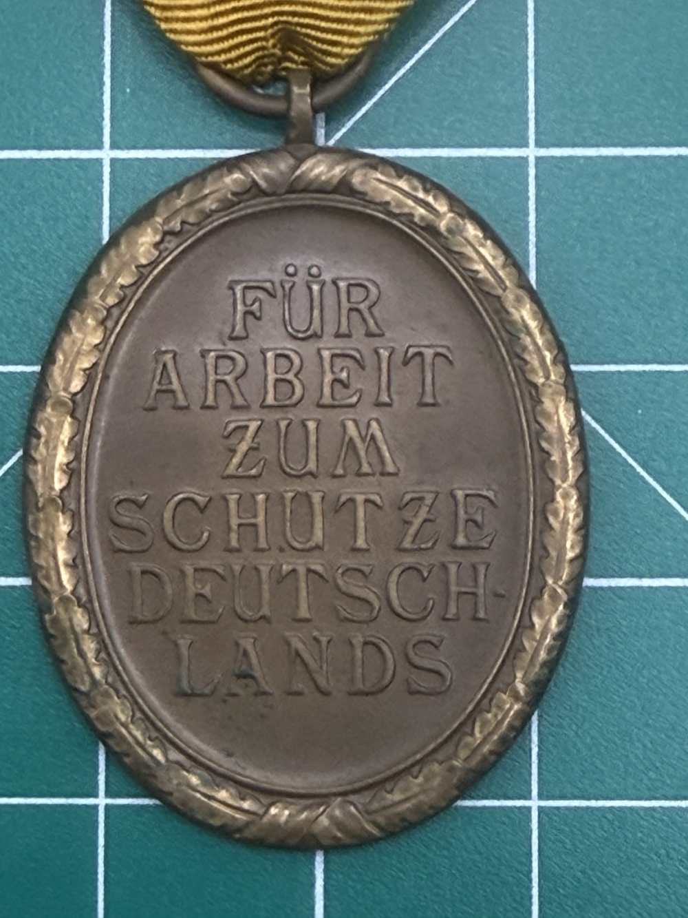 WWII German West Wall Medal Early Bronze Siegfried Line Award w Ribbon-img-2