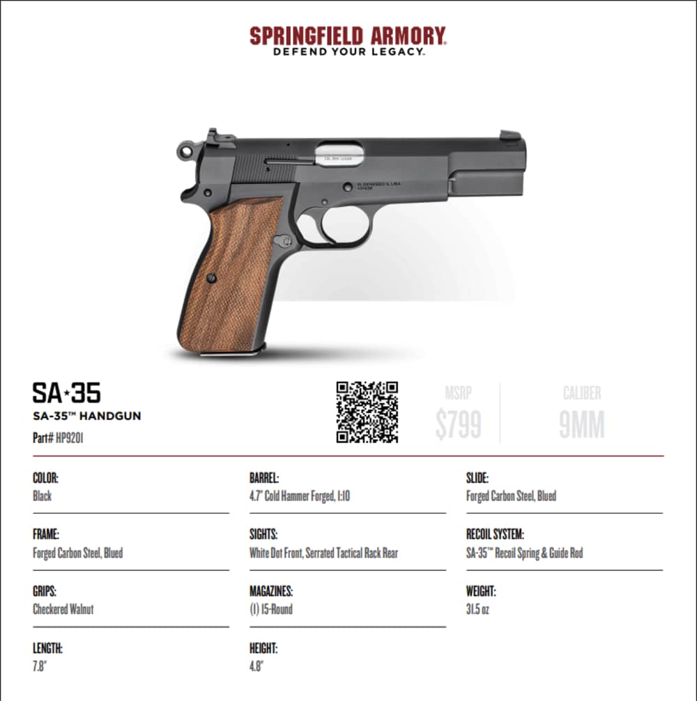 Springfield SA-35 Semi Auto Blued Walnut 9mm 4.7in 1-15Rd Mag HP9201-img-1