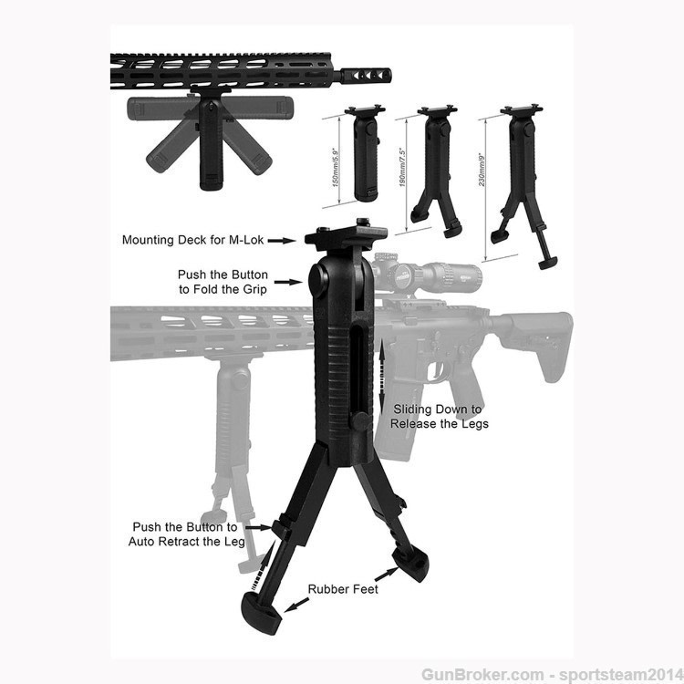 GBP01M-LOK Folding 5 Position Grip BIPOD 7.5"-9" Adjustable Height FOREGRIP-img-1