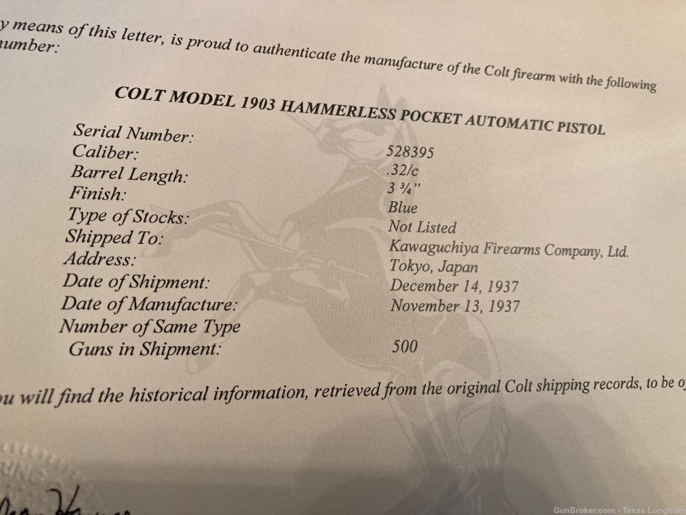Colt M1903 .32 Pistol Blue Sold to Japan 1937 WW2 Martial Arm Colt Letter-img-4