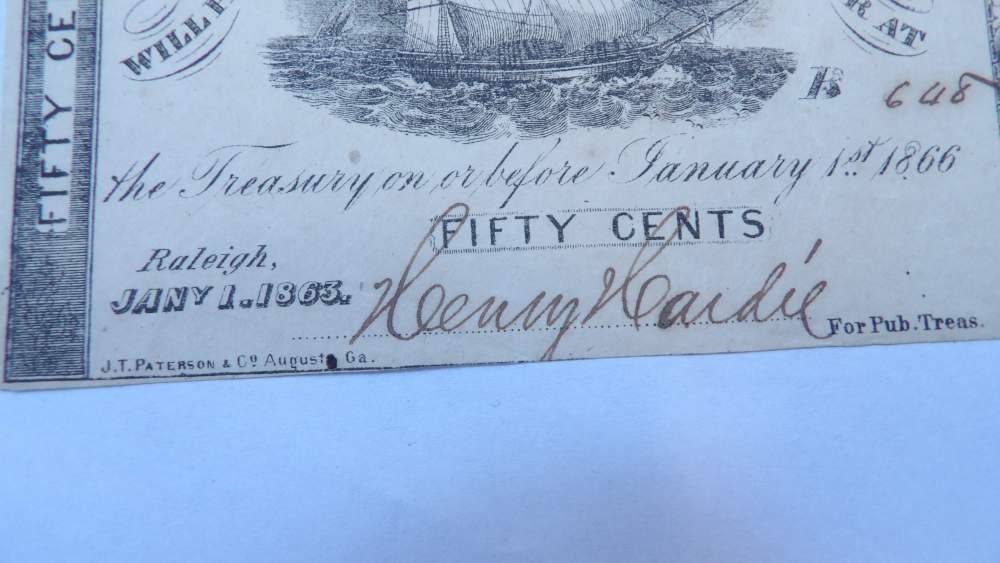 1863 North Carolina 50 Cent Treasury Note  Confederate Civil War Funding -img-2