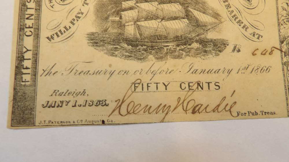 1863 North Carolina 50 Cent Treasury Note  Confederate Civil War Funding -img-5