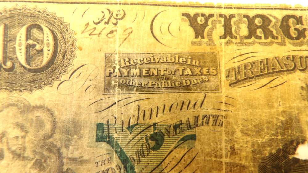 1862 Richmond Virginia $10  Treasury Note Confederate Civil War  -img-2
