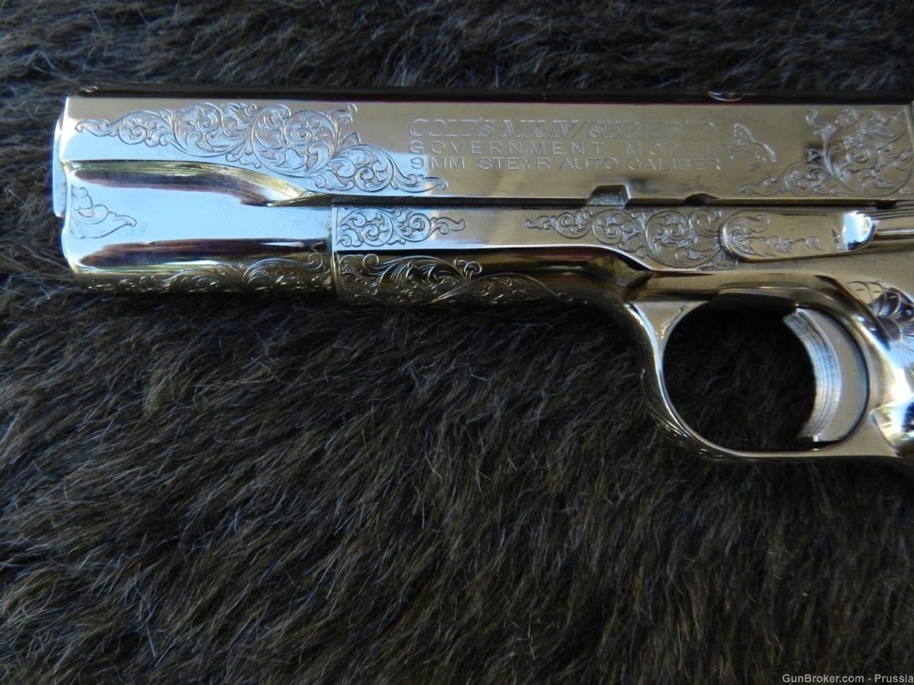 Colt Govt Mdl 9MM Steyr 5" Nickel Factory Master Engraved NIB-img-4
