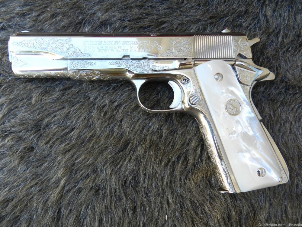 Colt Govt Mdl 9MM Steyr 5" Nickel Factory Master Engraved NIB-img-11