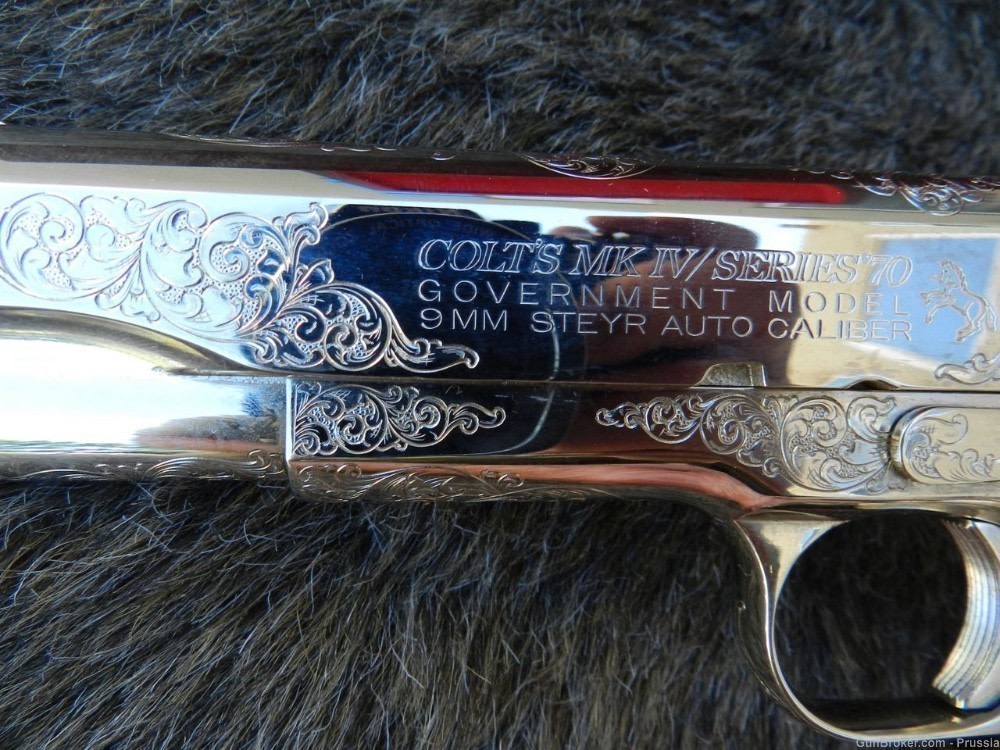 Colt Govt Mdl 9MM Steyr 5" Nickel Factory Master Engraved NIB-img-0
