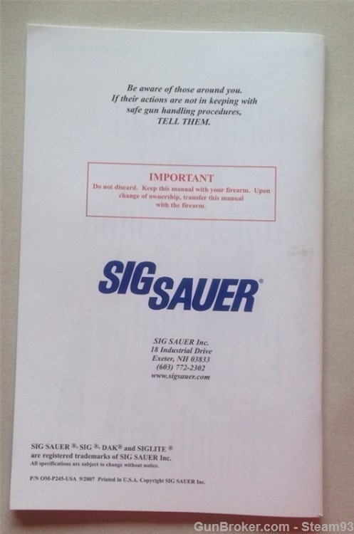 SigArms Owners P220 P225 P226 P228 P229 P239 Manual Mid - Late 1990's-img-1