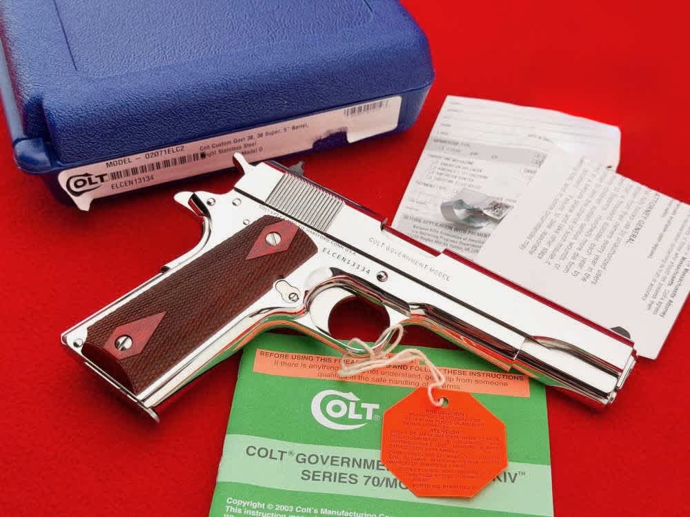 Colt Custom Government 1911 5" Bright Stainless.38 Super w/ Box-img-1