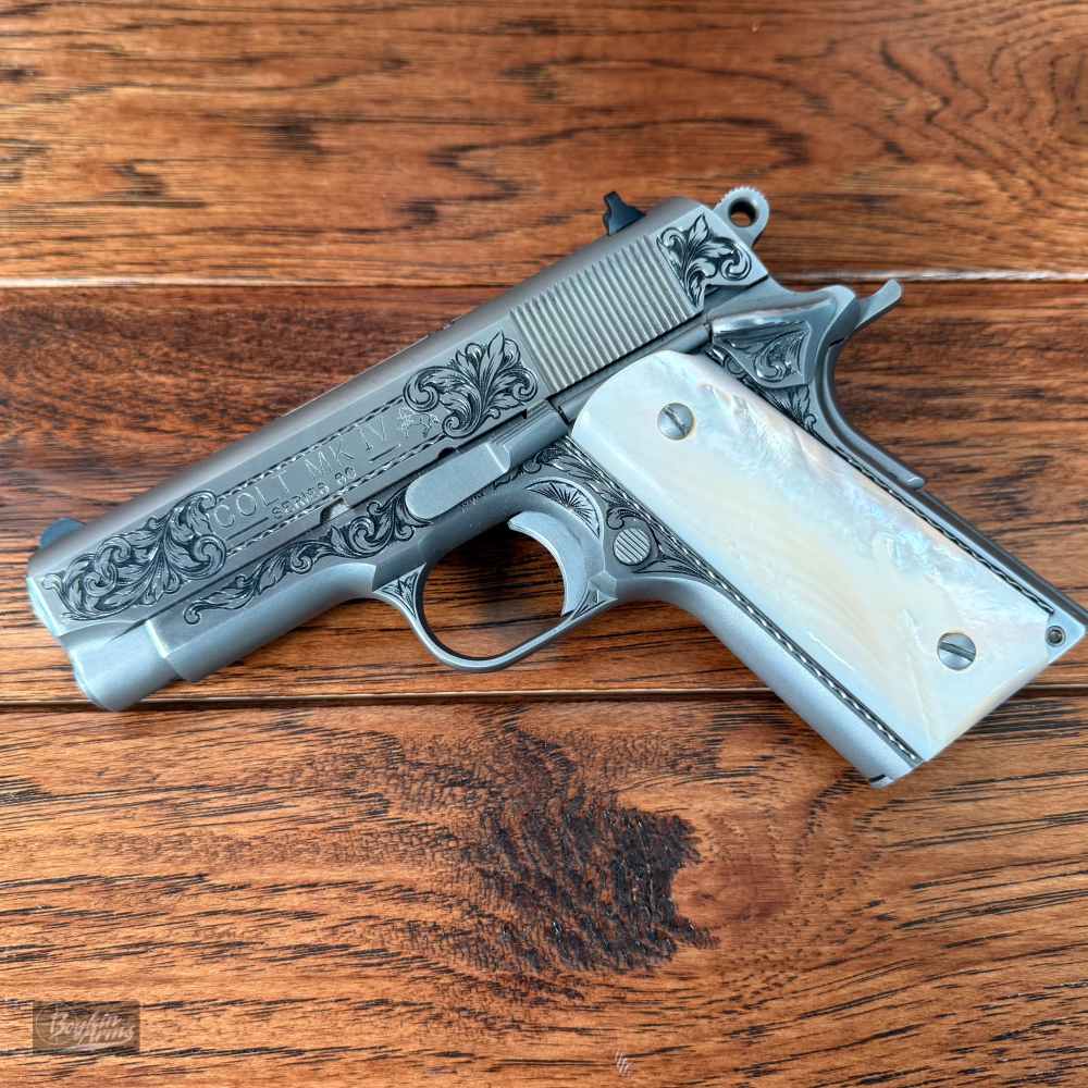 Exquisite Ben Shostle Deep Relief Engraved Colt Officers 1911 Pearl Grips -img-0