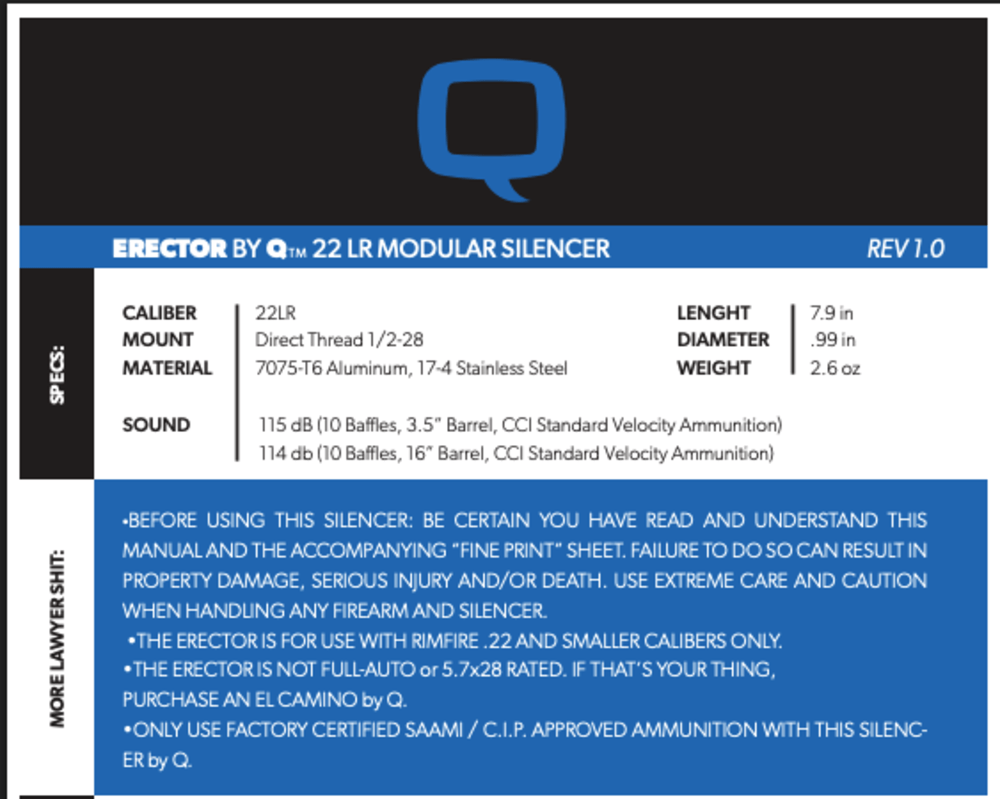 Q Erector Suppressor .22LR 1/2x28 Thread-Brand New-Dealer Priced-img-2