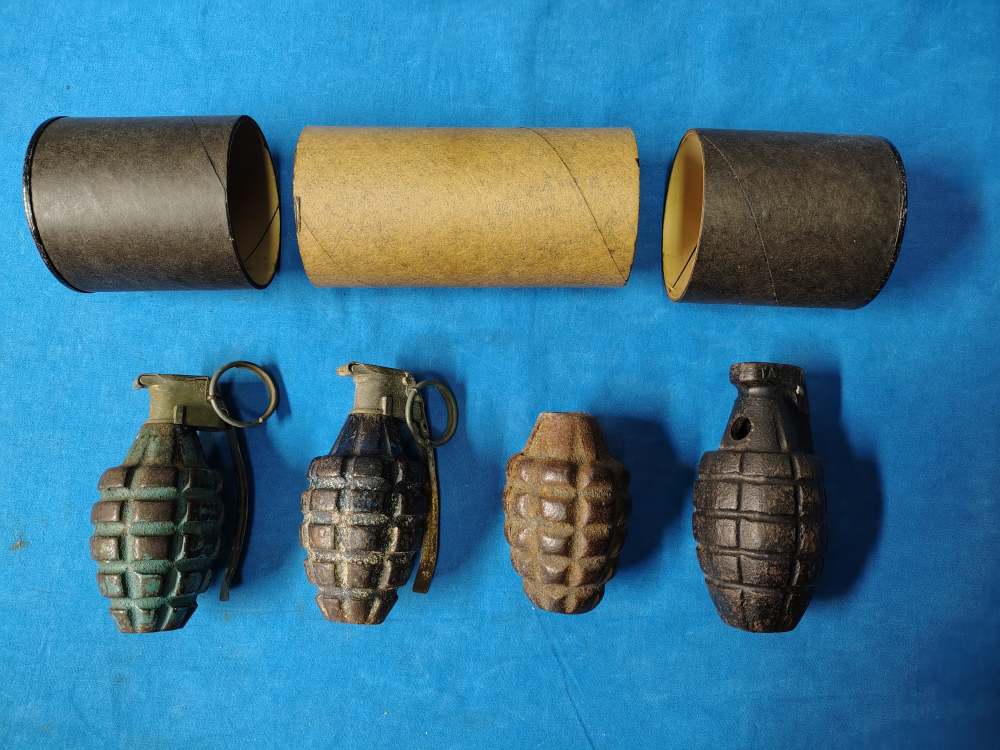 4 Practice Pineapple Hand Grenades & 1 cardboard storage container-img-0