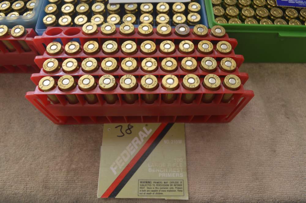  308 Brass Cases, in plastic boxes & holders cleaned, 1f ready to reload-img-3