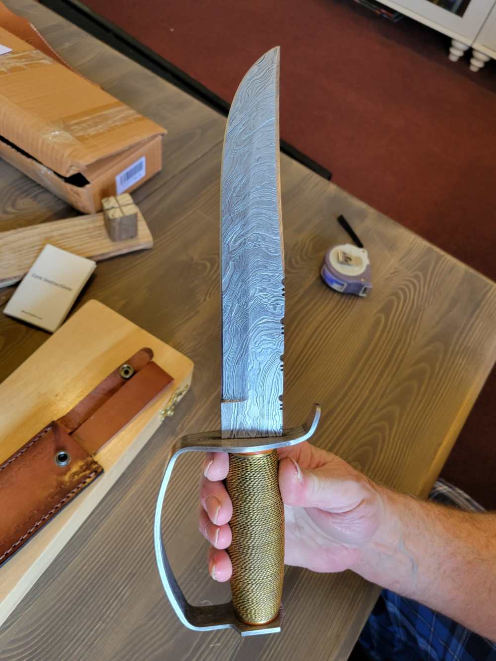 BEAUTIFUL! Custom Made Damascus D-Guard Bowie Knife w/Case & Sheath! -img-9