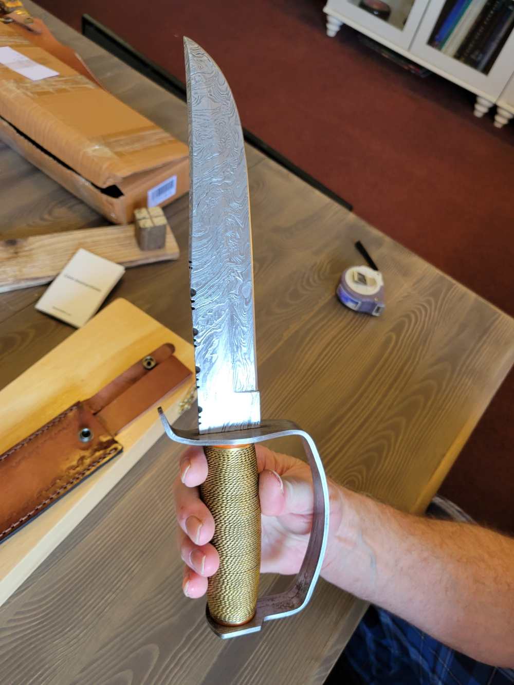 BEAUTIFUL! Custom Made Damascus D-Guard Bowie Knife w/Case & Sheath! -img-10