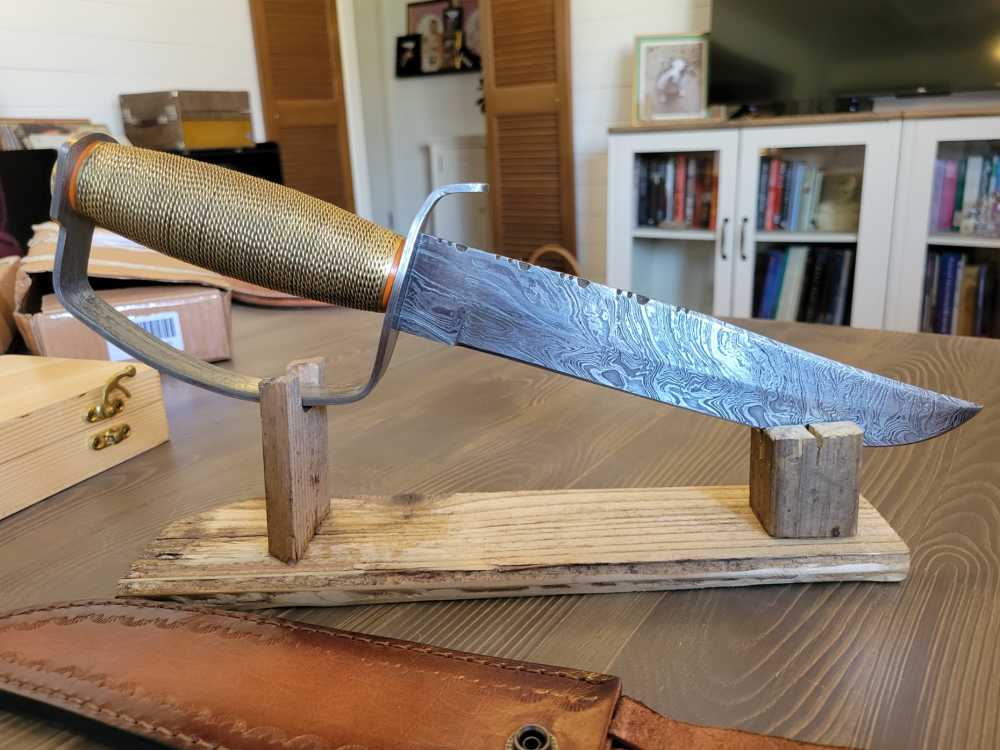 BEAUTIFUL! Custom Made Damascus D-Guard Bowie Knife w/Case & Sheath! -img-5