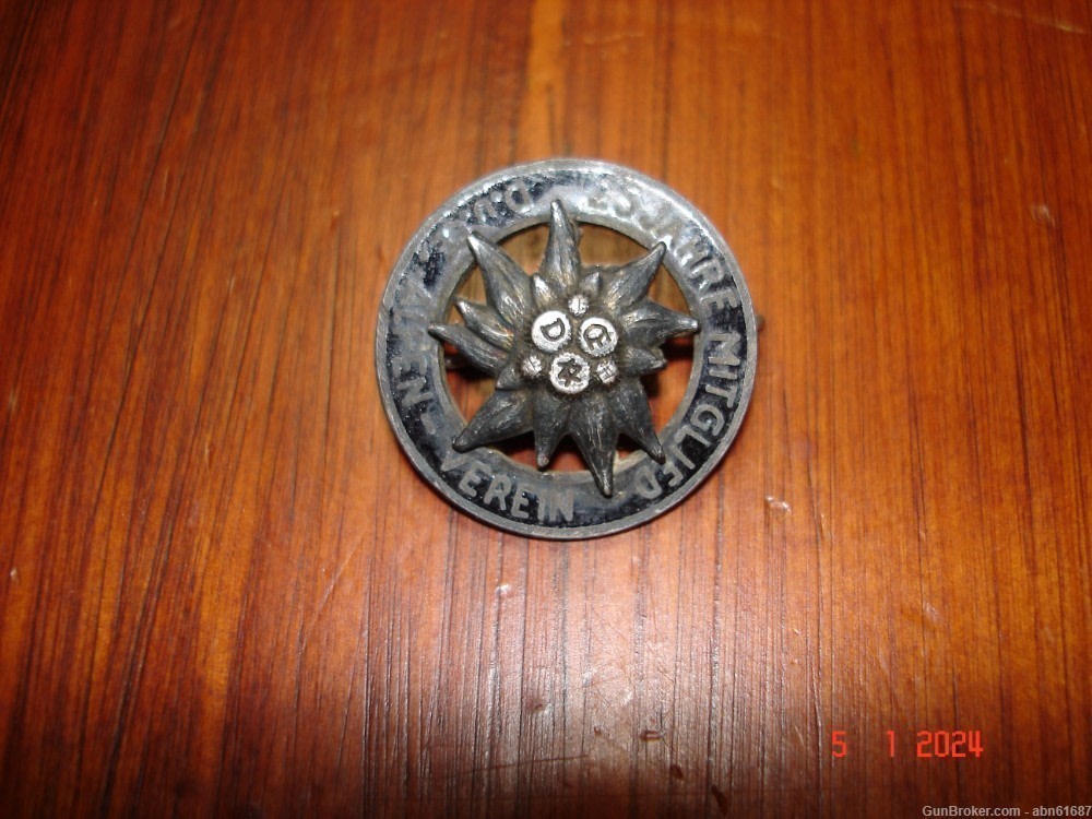 WWII German 25yr Edelweiss badge Jahre Mitglied Alpen Verein 800 silver-img-0