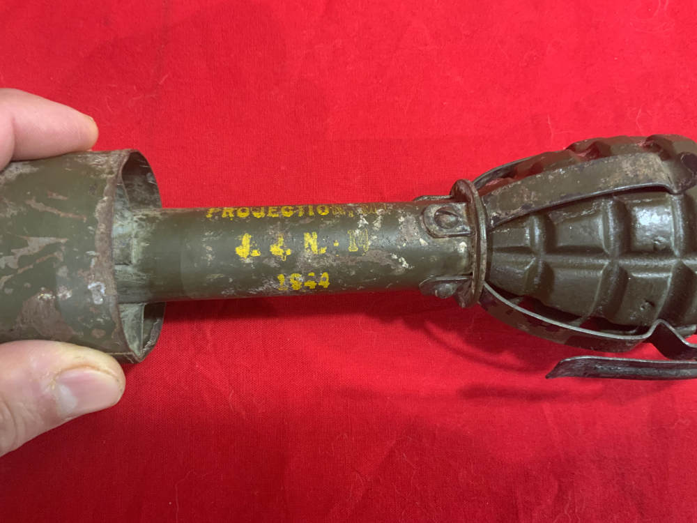 Orig USGI WWII Pineapple Grenade on 1944 dated 4-prong Rifle Grenade Stem-img-1