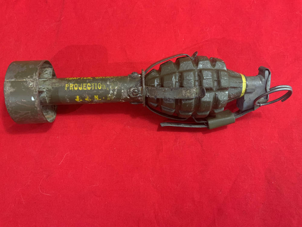 Orig USGI WWII Pineapple Grenade on 1944 dated 4-prong Rifle Grenade Stem-img-0
