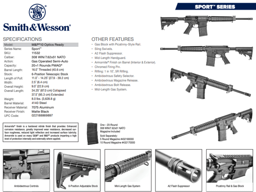 S&W M&P 10 Sport 20rd 16" 7.62x51mm Rifle, Optics Ready SKU: 11532-img-4