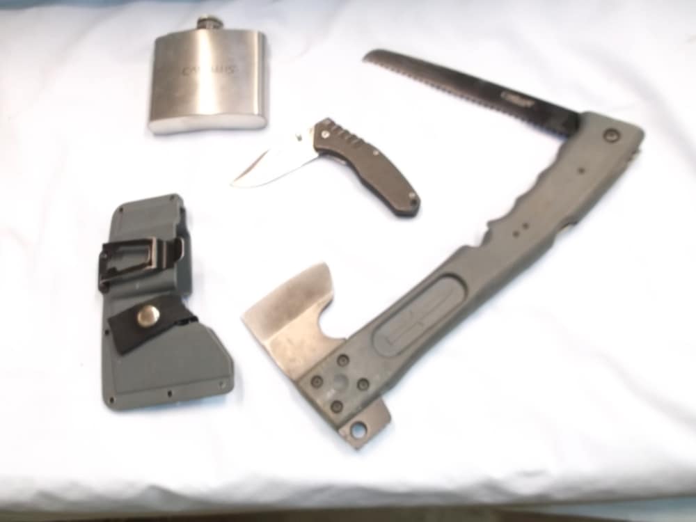 SURVIVAL GEAR, HATCHET/SAW, W/CARRY CASE KNIFE, 5OZ. FLASK, ALL BY CAMILUS -img-0