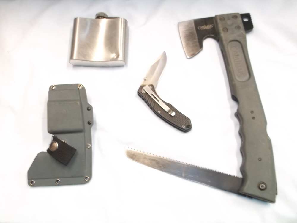 SURVIVAL GEAR, HATCHET/SAW, W/CARRY CASE KNIFE, 5OZ. FLASK, ALL BY CAMILUS -img-1