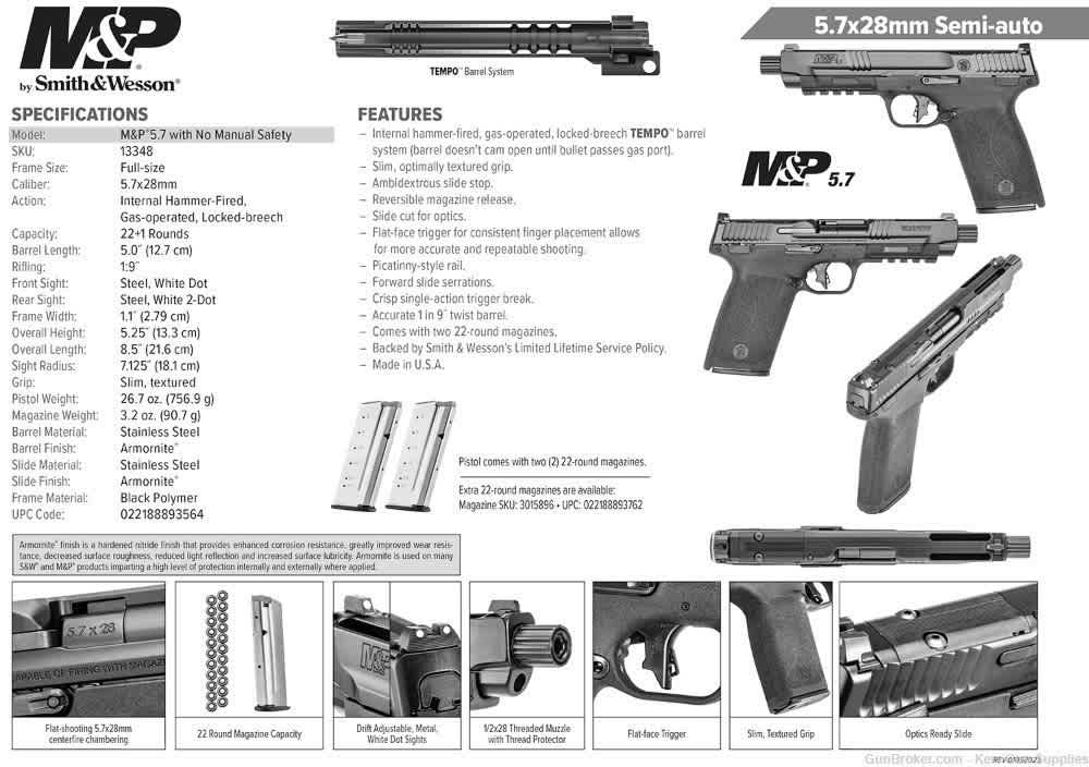 S&W M&P 5.7 5.7X28MM 22+1 13348 OR TB NTS BLACK PISTOL, NIB, 2 - Magazines-img-1
