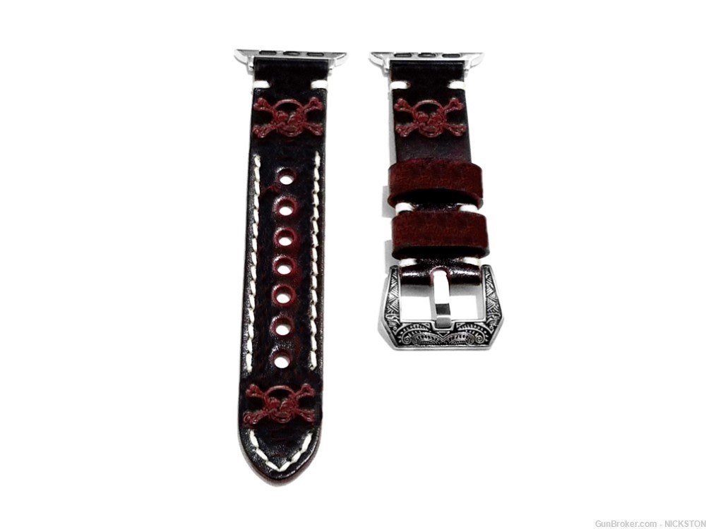 Dark Brown Skull Crossbones Leather Band for 44mm Apple Watch All Series-img-1