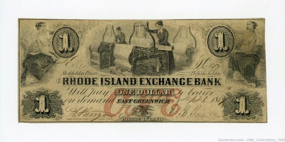 Pre Civil War 1859 $1 Rhode Island Bank Note Money Currency-img-0