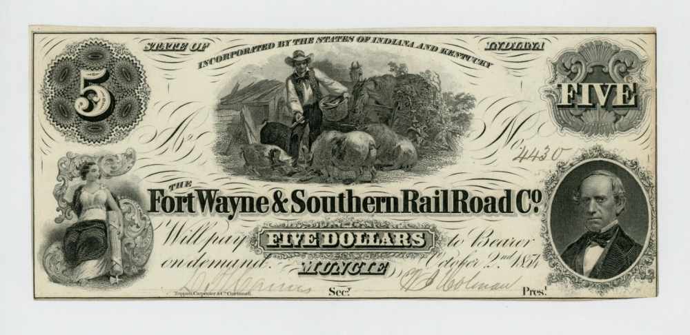 1854 5 Dollar Indiana Rail Road Company Note Currency Money-img-0