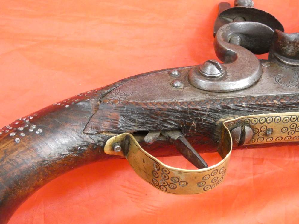RARE ANTIQUE SOUTH INDIA BLUNDERBUSS MIQUELET FLINTLOCK PISTOL 1780-1820 -img-13