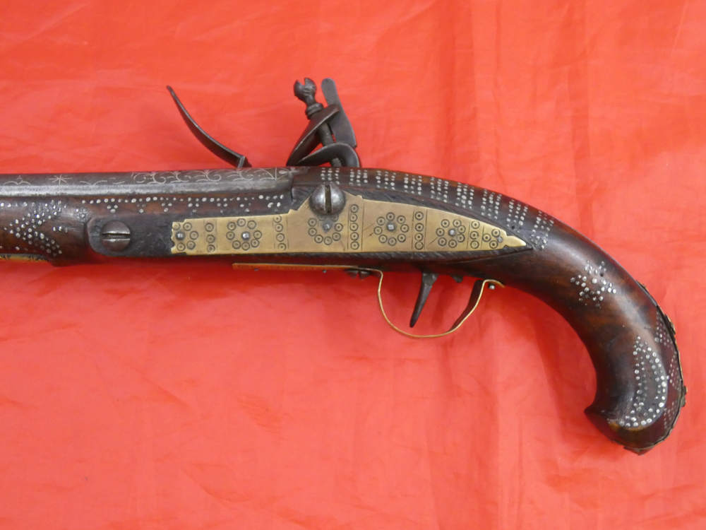 RARE ANTIQUE SOUTH INDIA BLUNDERBUSS MIQUELET FLINTLOCK PISTOL 1780-1820 -img-6