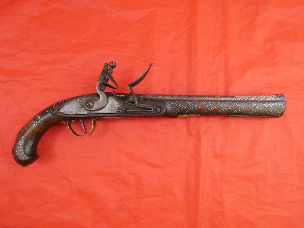 RARE ANTIQUE SOUTH INDIA BLUNDERBUSS MIQUELET FLINTLOCK PISTOL 1780-1820 -img-0