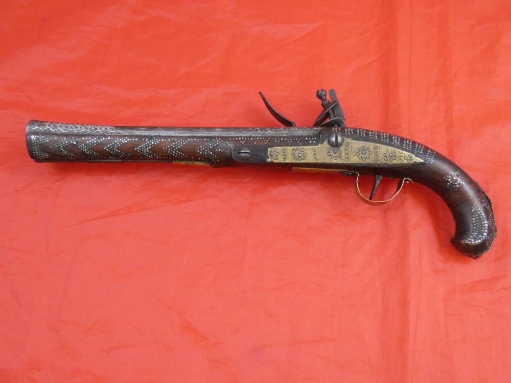 RARE ANTIQUE SOUTH INDIA BLUNDERBUSS MIQUELET FLINTLOCK PISTOL 1780-1820 -img-2