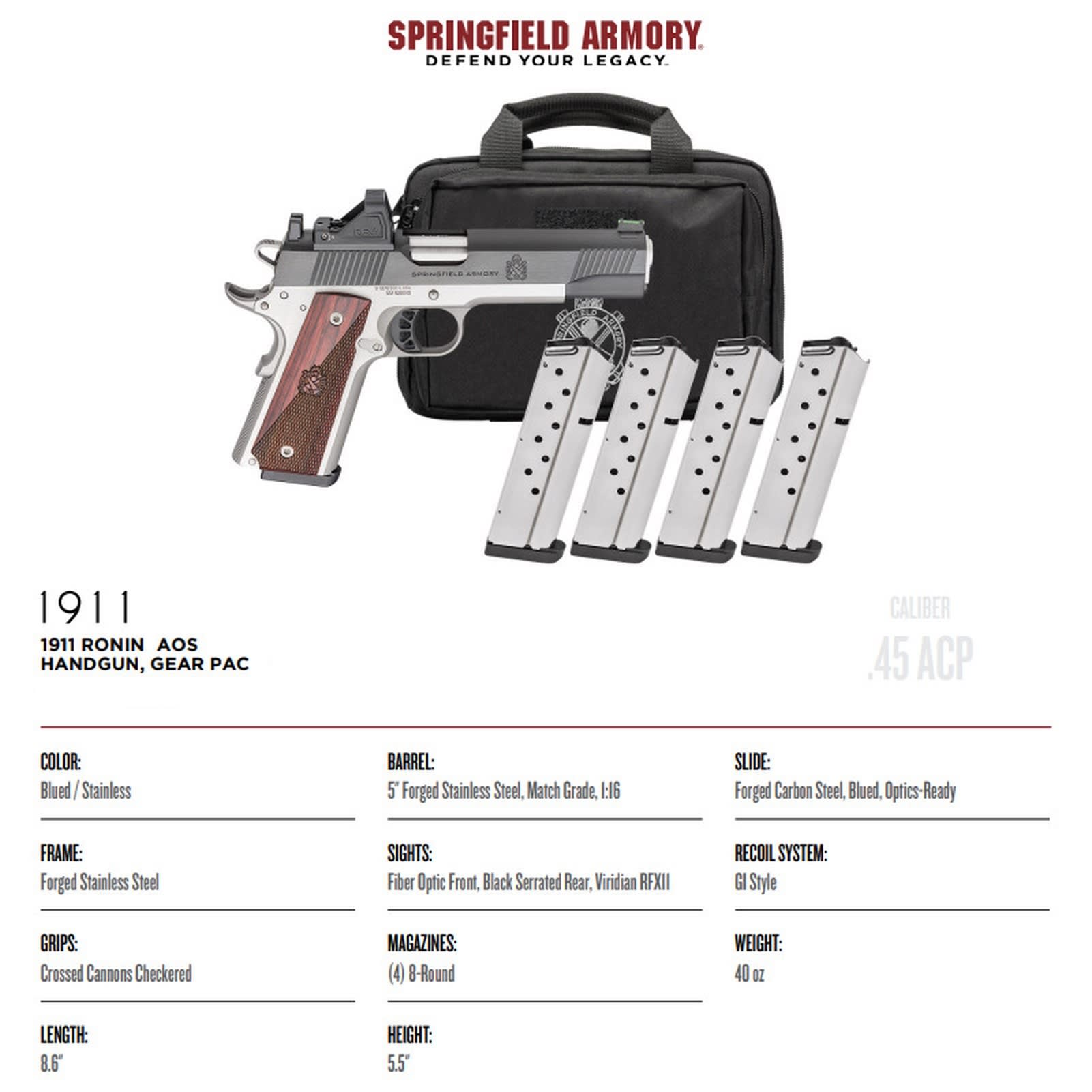 SPRINGFIELD ARMORY 1911 Ronin AOS Gear Pac .45ACP 5in 4x8rd SA Pistol-img-1